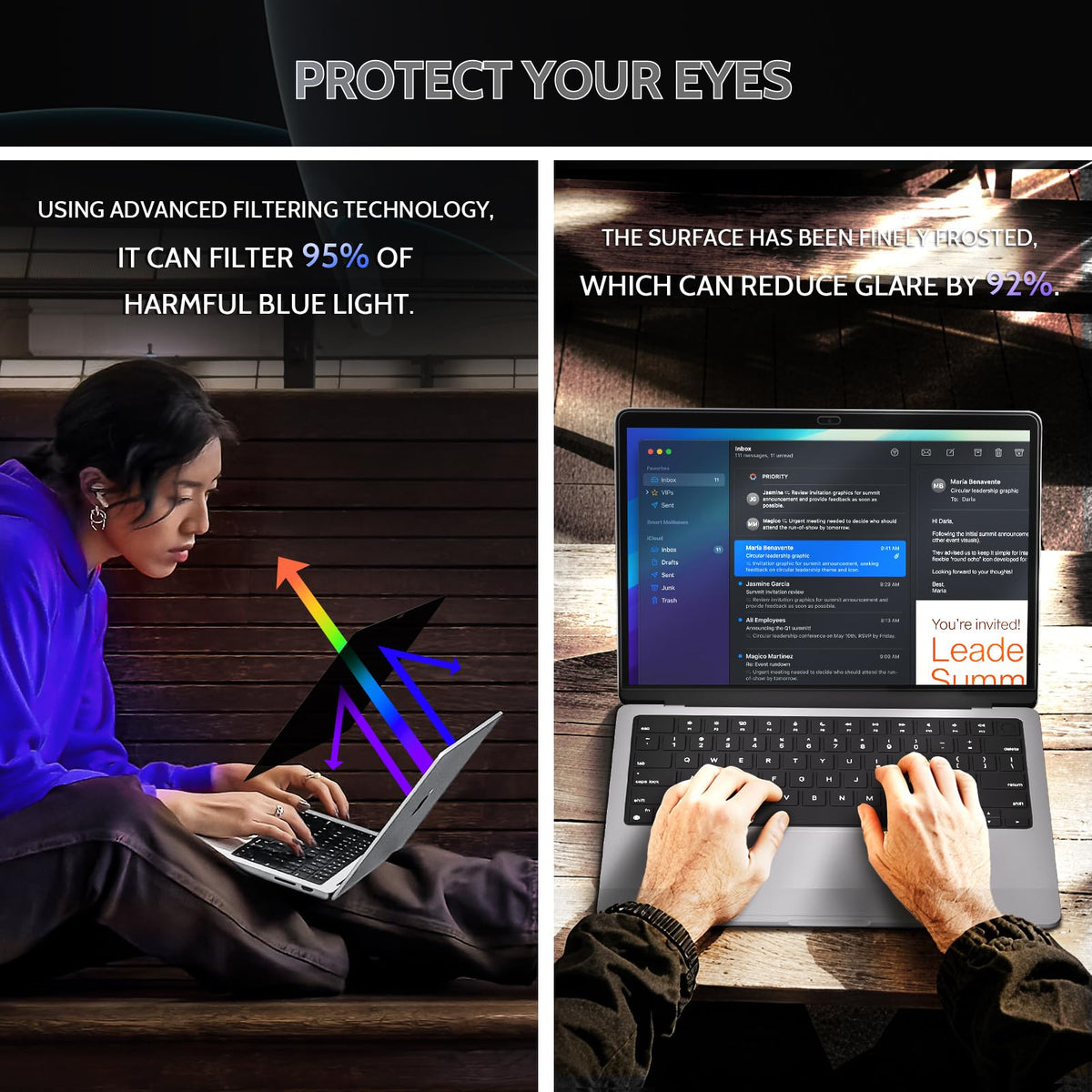 Peslv 360 anti-glare close-up highlights glare reduction for comfortable extended viewing