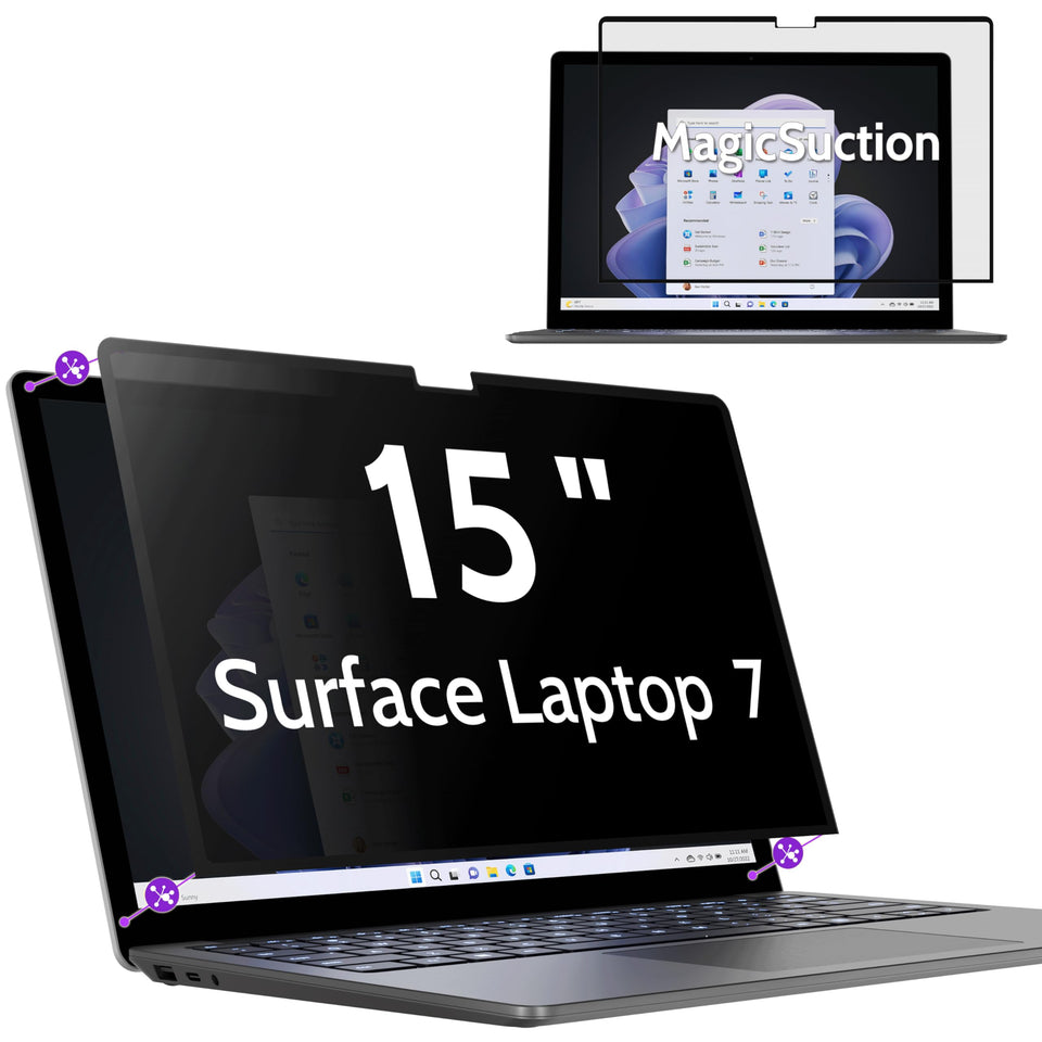 Peslv front view on 15-inch Surface Laptop showing clean privacy fit and protection benefit