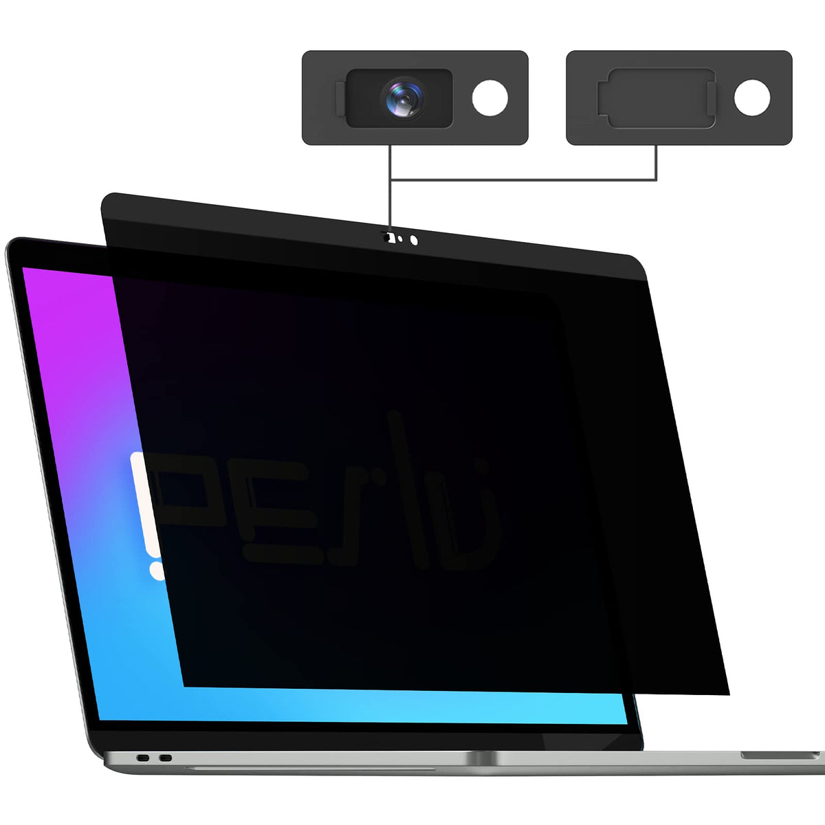 Peslv front packaging on MacBook Pro showing model fit and benefit of privacy