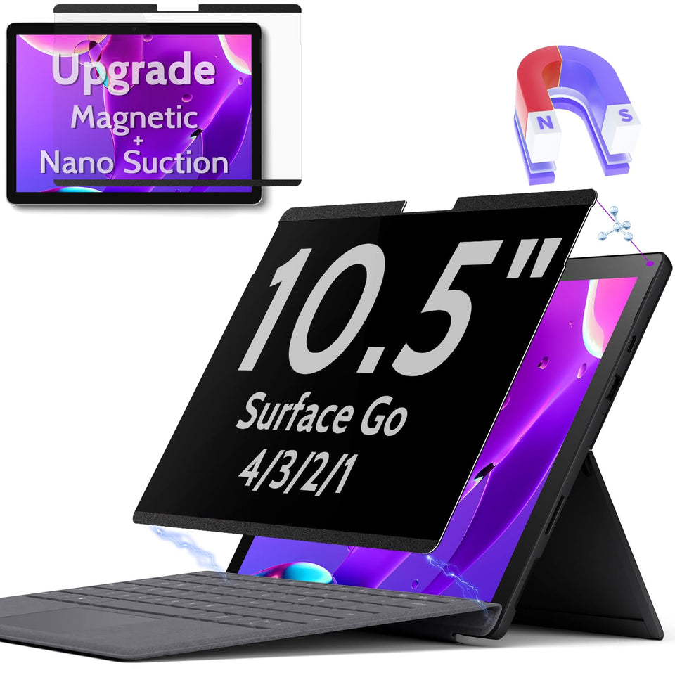 Peslv front packaging for Surface Go privacy screen, clear protection benefit