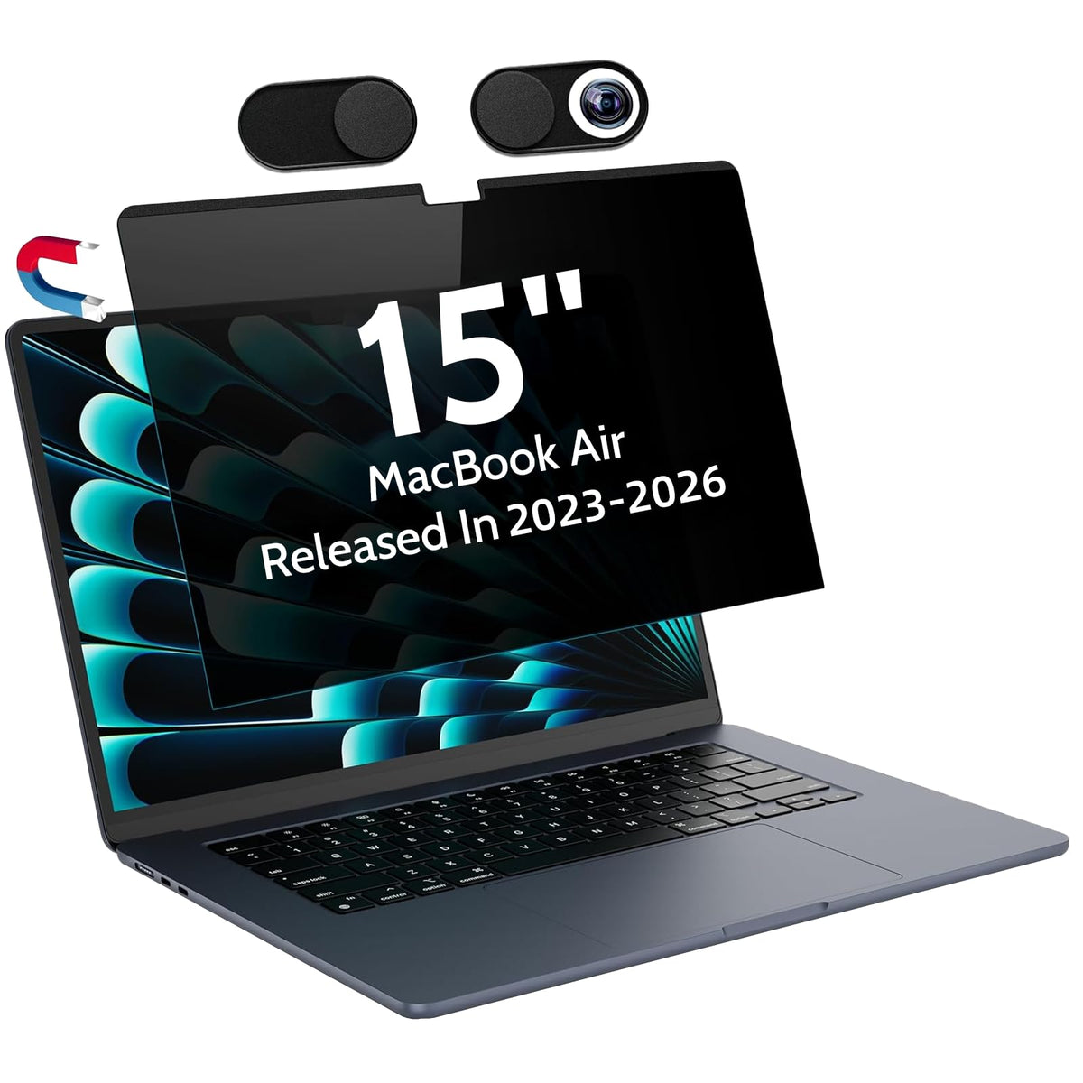 Peslv front view on MacBook Air 15 showing snug privacy fit and clear center