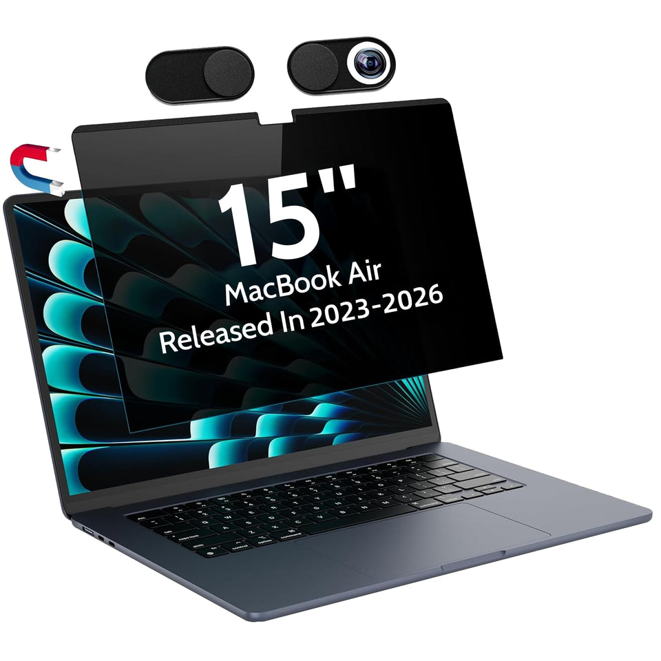 Peslv front view on MacBook Air 15 showing snug privacy fit and clear center