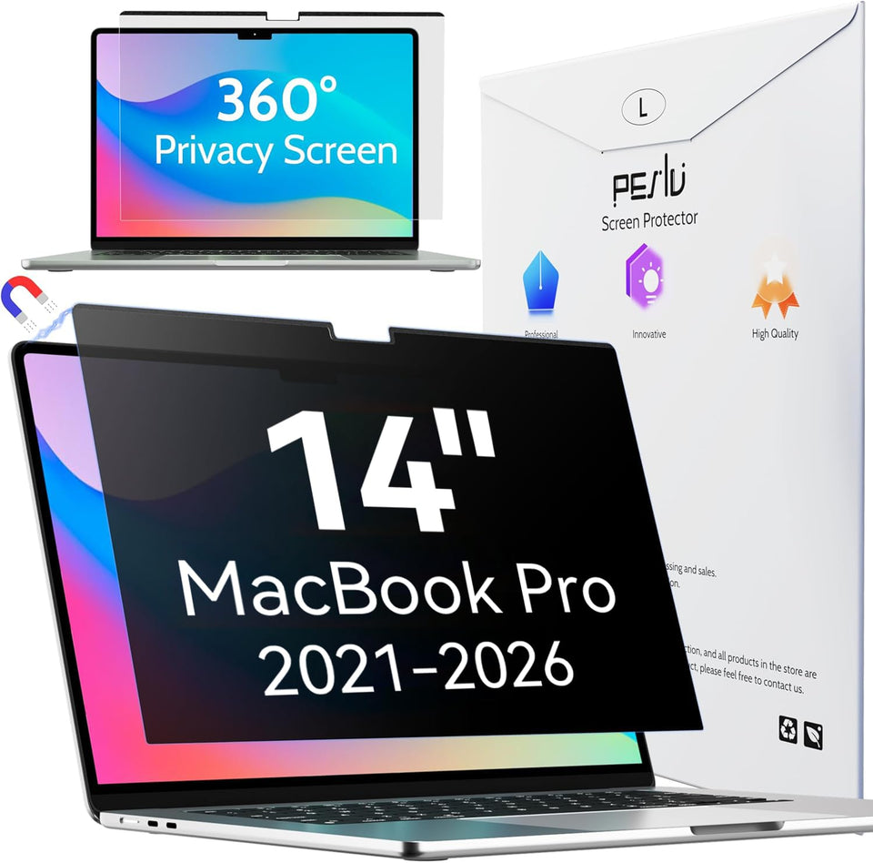 Peslv front view showing precise MacBook Pro 14-inch fit and crisp display benefit
