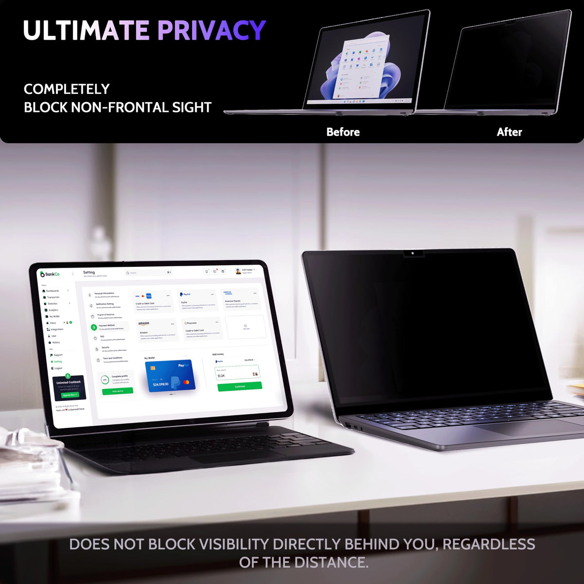 Peslv protector in use at a cafe keeping screen private for the user