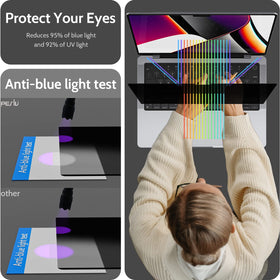 Peslv in use at a café protecting screen and reducing distractions