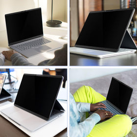 Peslv in cafe lifestyle scene protecting screen privacy and reducing glare