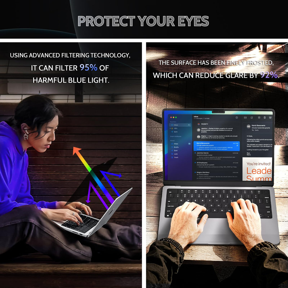 Peslv MacBook Pro 14-inch blue light filter shields eyes during long work