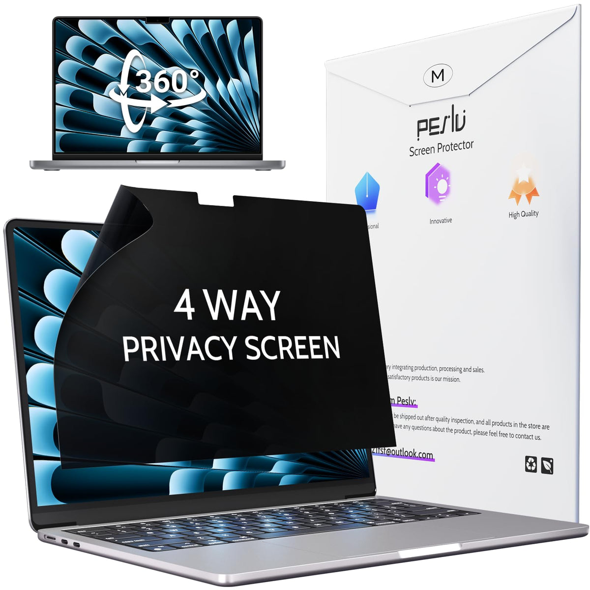 Peslv MacBook Pro 14-inch privacy screen visible at 30 degrees for public spaces