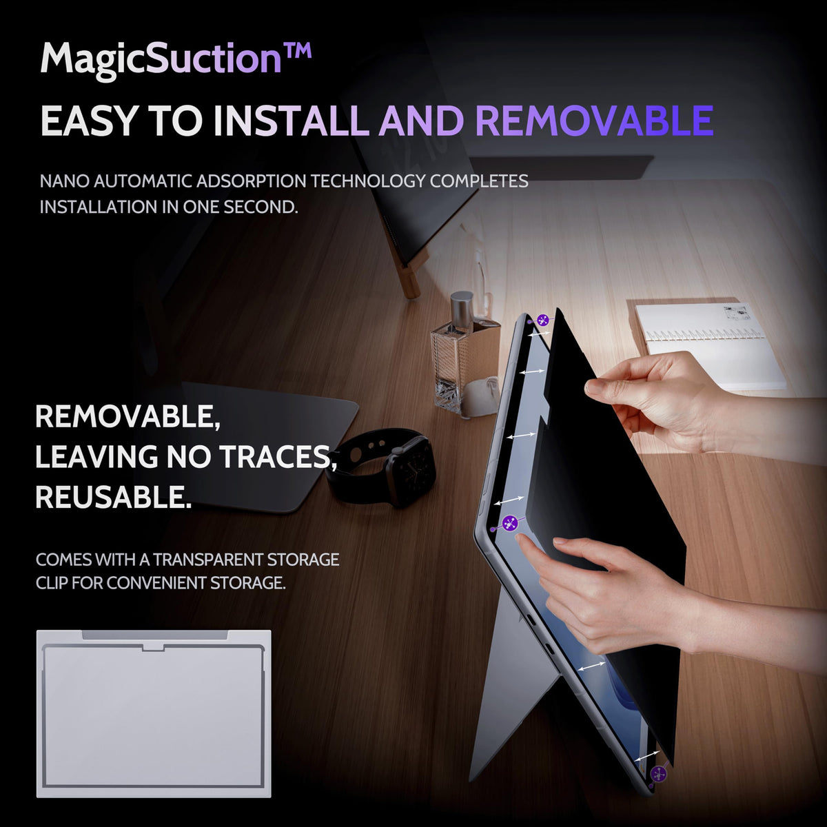 Peslv MagicSuction close-up of nano-adsorption strips offering instant mount
