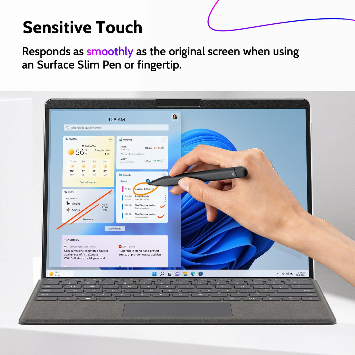Peslv beside Surface Pro for exact 12.3-inch size match and clarity advantage