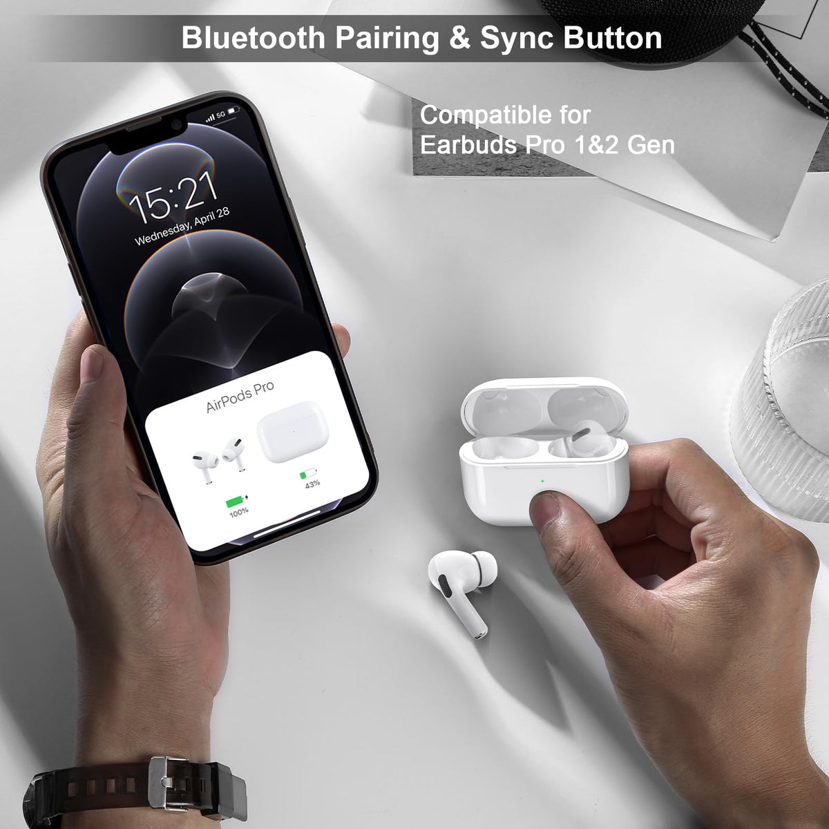 PestProfi AirPods Pro sync button close-up demonstrates Bluetooth pairing.