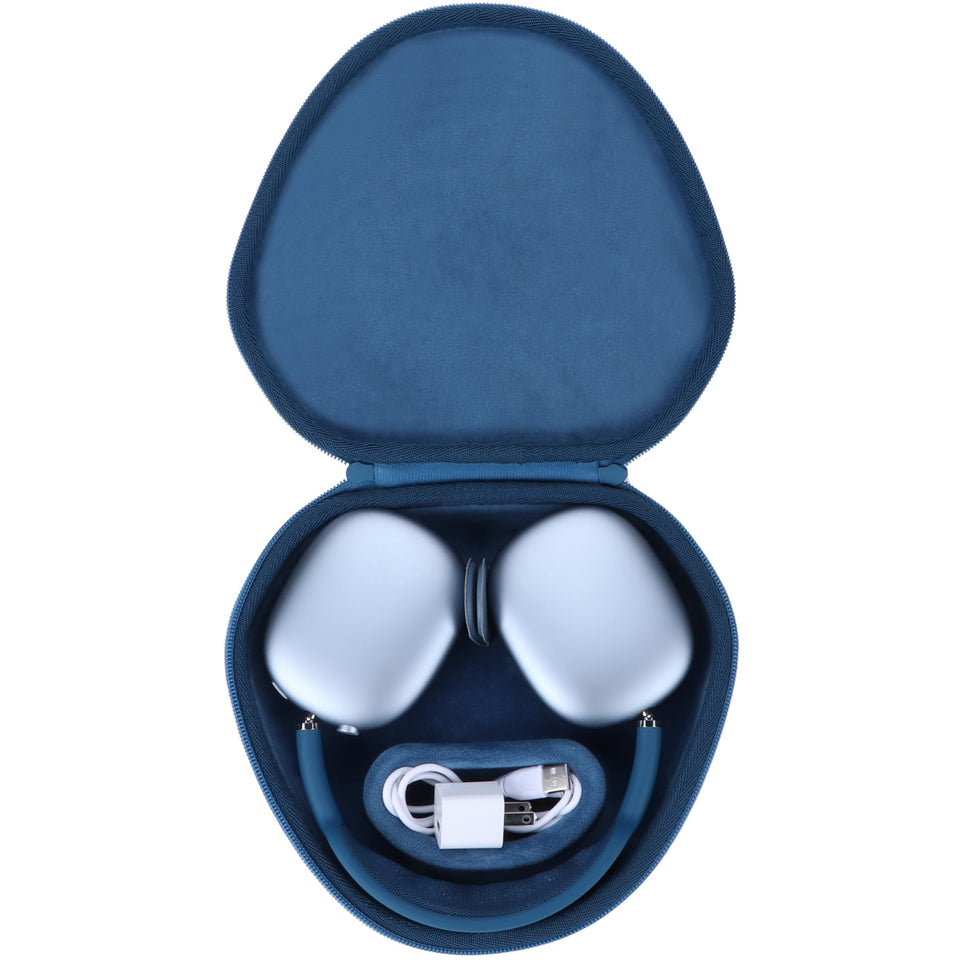 Peyyargo hard carrying case in dark blue exterior protects AirPods Max on the go.