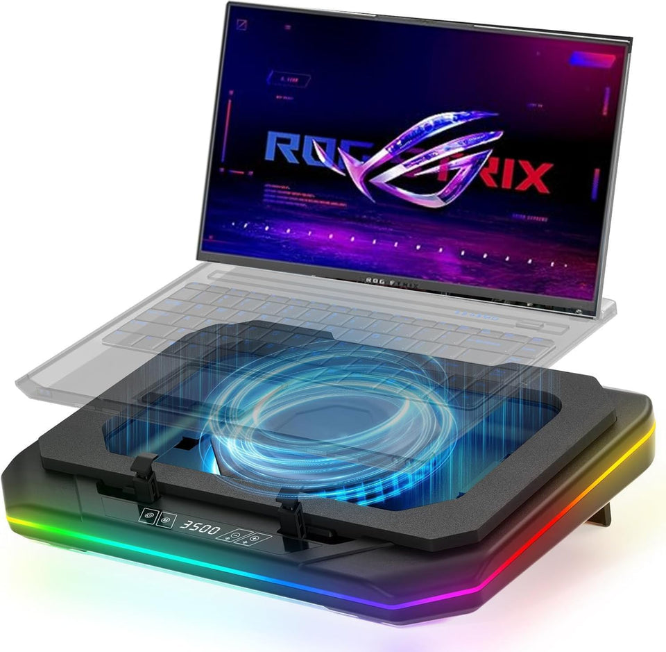 PHAPPY cooling pad with turbo fan in action cooling a gaming laptop.