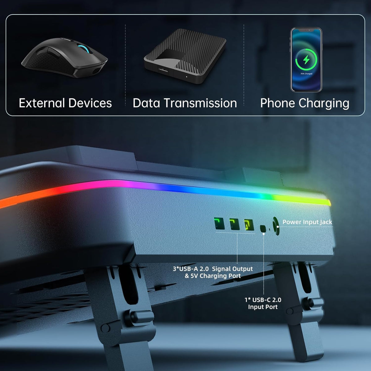 PHAPPY cooling pad USB hub keeps peripherals within reach.