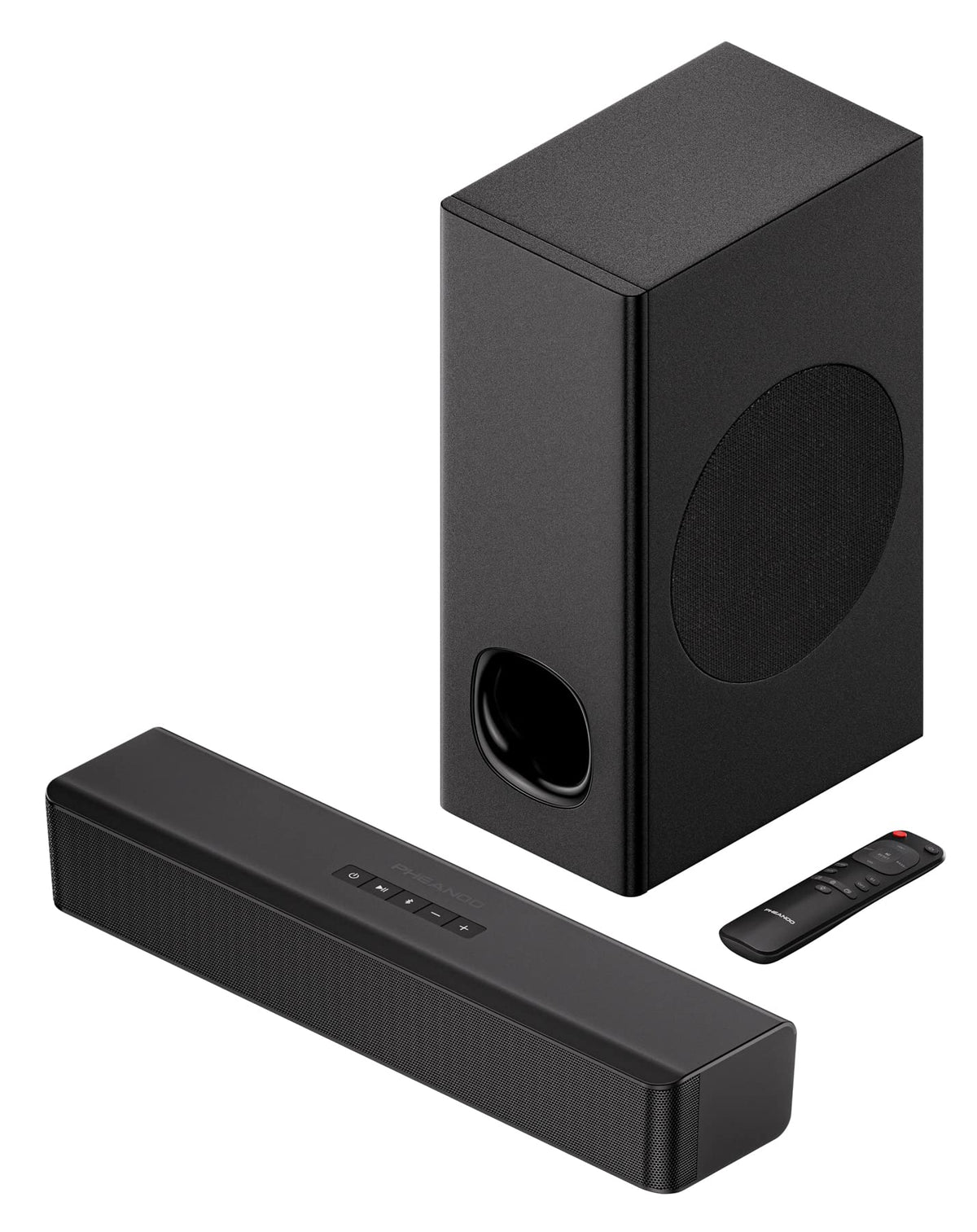 Pheanoo P15 sound bar top view showing compact design with strong output