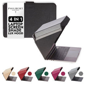 Philbert Lux Hood foldable stand shown for on-the-go laptop privacy