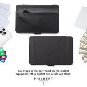 Philbert Lux Hood provides sun shade and privacy for outdoor laptop sessions.