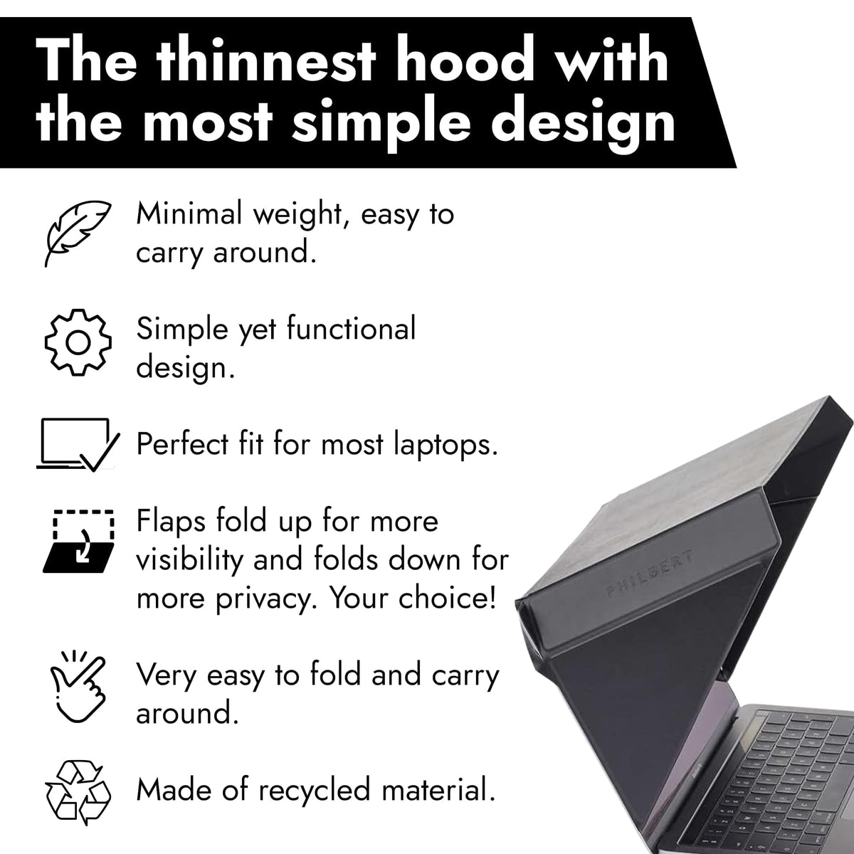 Philbert Slim Hood mounted on MacBook demonstrating privacy and glare reduction benefit