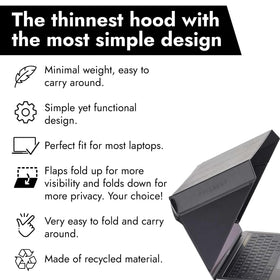 Philbert Slim Hood mounted on MacBook demonstrating privacy and glare reduction benefit