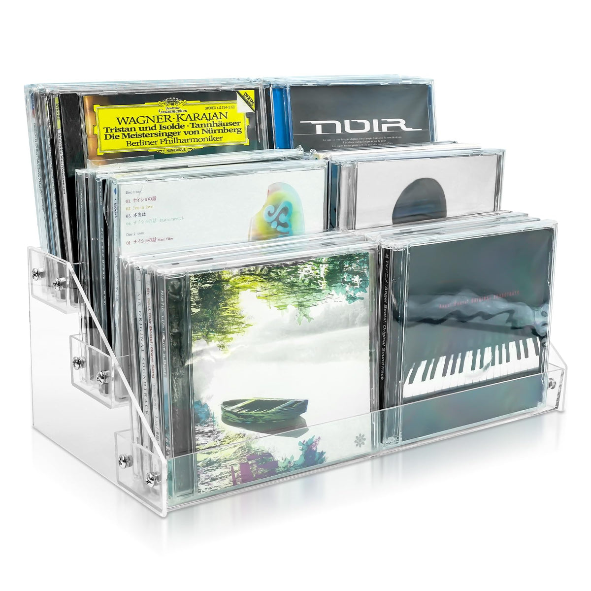 Philbinden front view of clear acrylic CD holder showing neat organization