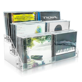 Philbinden front view of clear acrylic CD holder showing neat organization