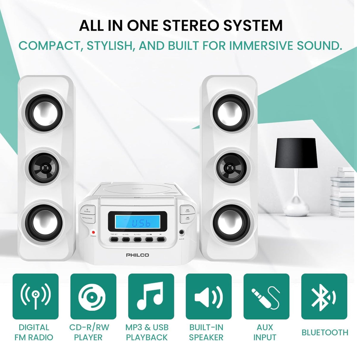 Philco stereo shelf system showing Bluetooth wireless music streaming