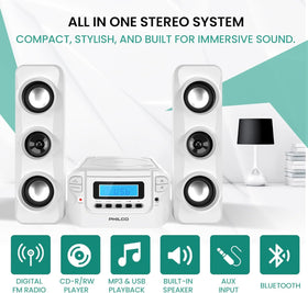 Philco stereo shelf system showing Bluetooth wireless music streaming