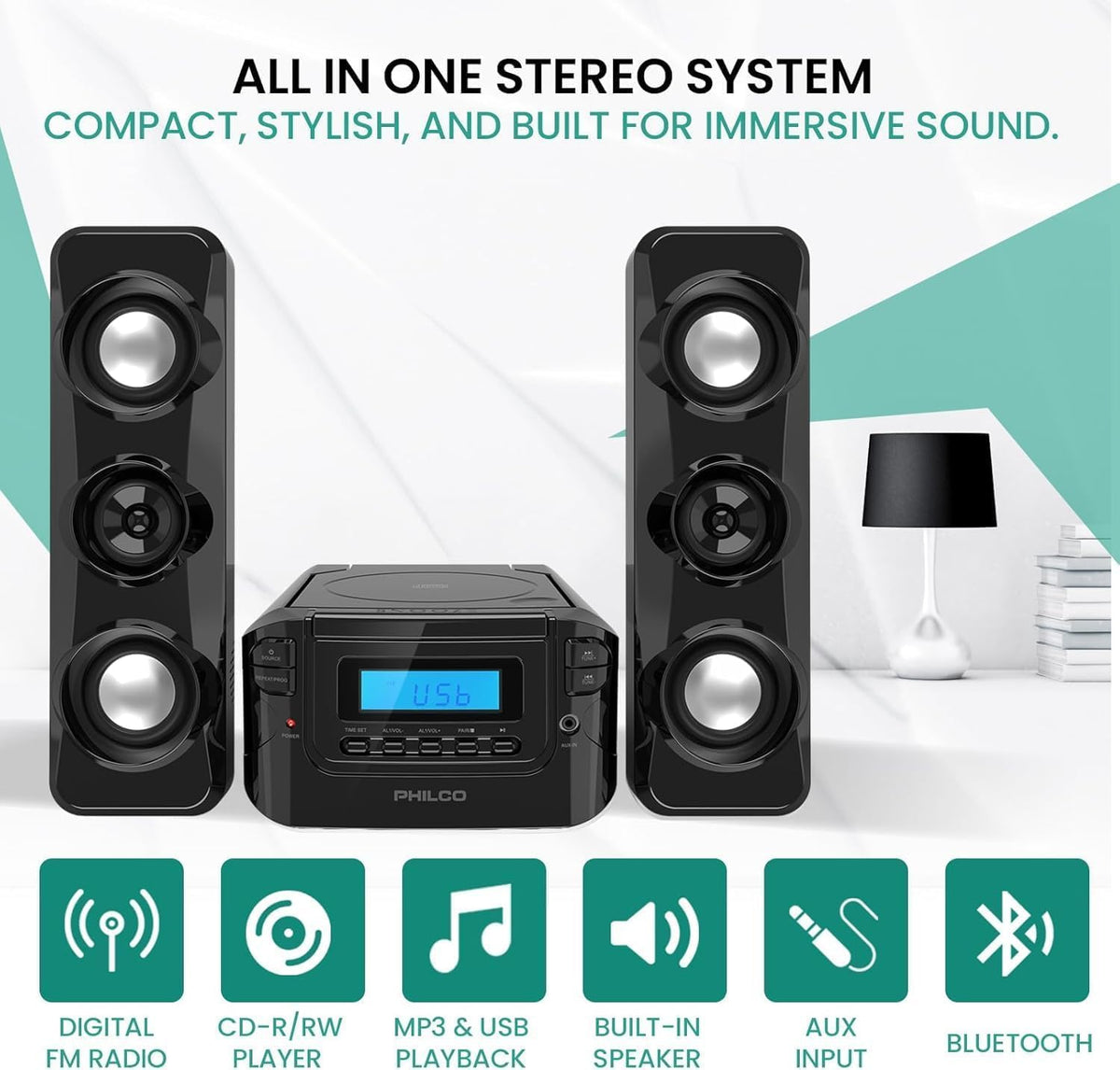 Philco stereo shelf system digital display aiding quick navigation.
