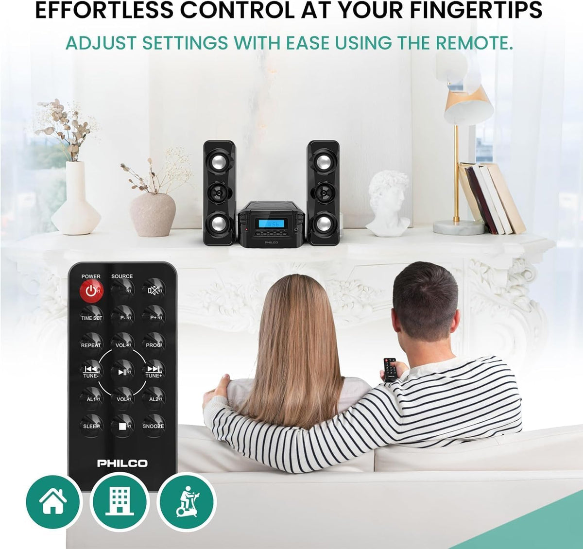 Philco stereo shelf system remote control for convenient operation.