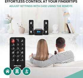 Philco stereo shelf system remote control for convenient operation.