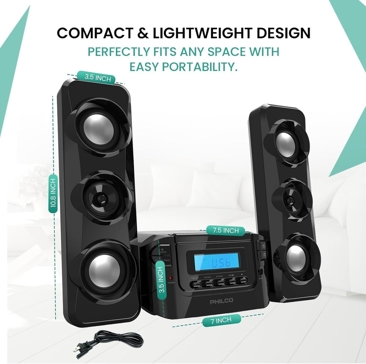 Philco stereo shelf system USB playback port for playlist access.