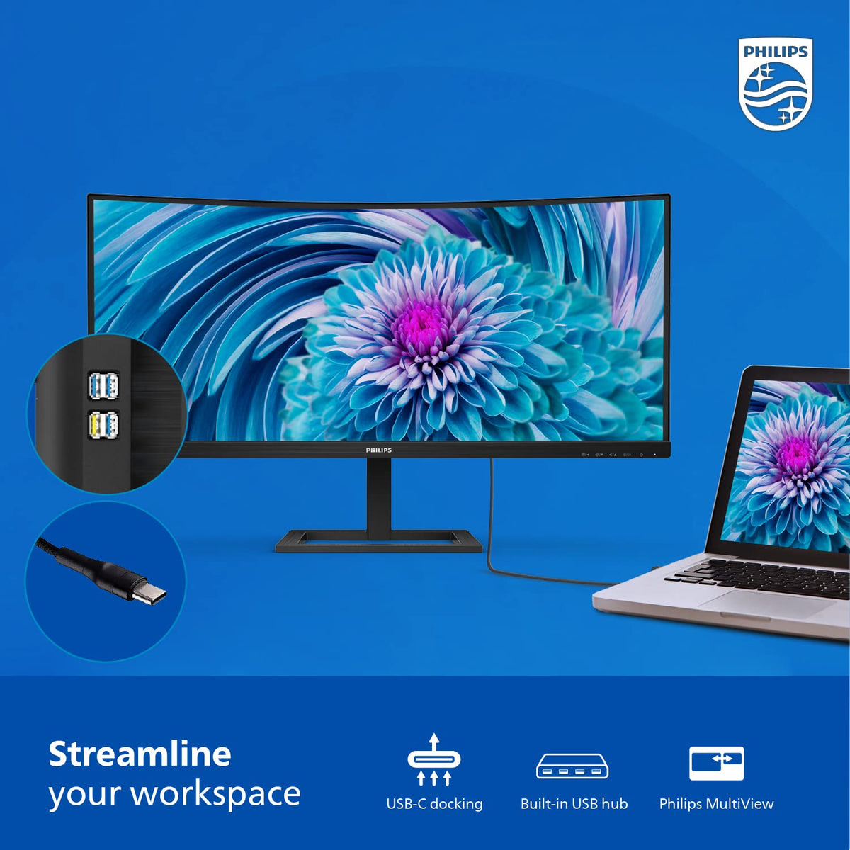 Philips 346E2CUAE built-in speakers provide convenient on-desk audio without external speakers.