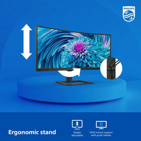 Philips 346E2CUAE height-adjustable stand helps tailor comfort for long sessions.