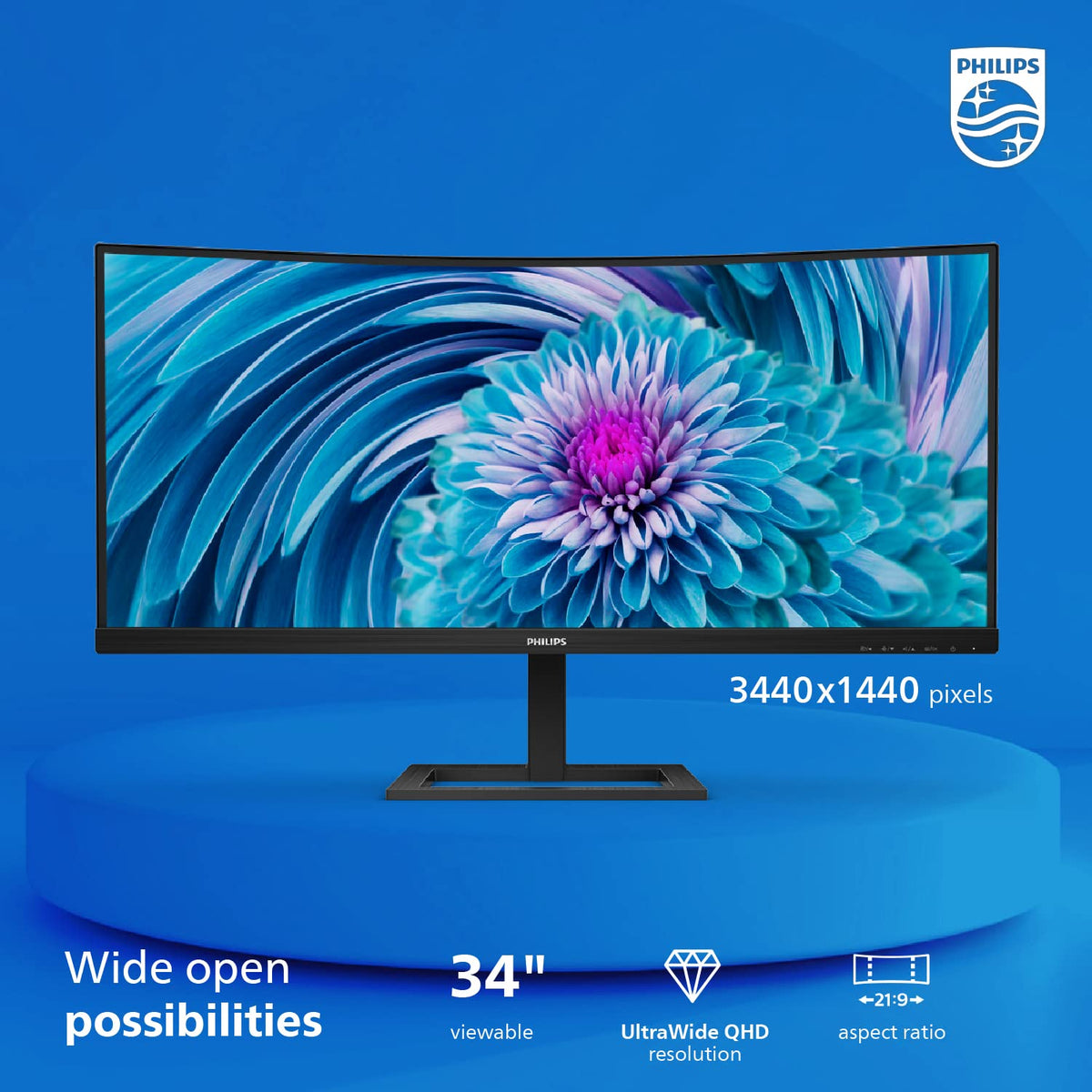 Philips 346E2CUAE delivers crisp 3440x1440 clarity for sharp text and media on a wide screen.