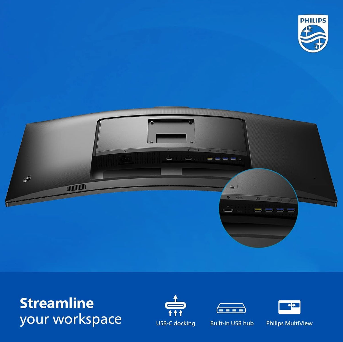 Philips 34E1C5600HE built-in speakers enhance video calls and media.