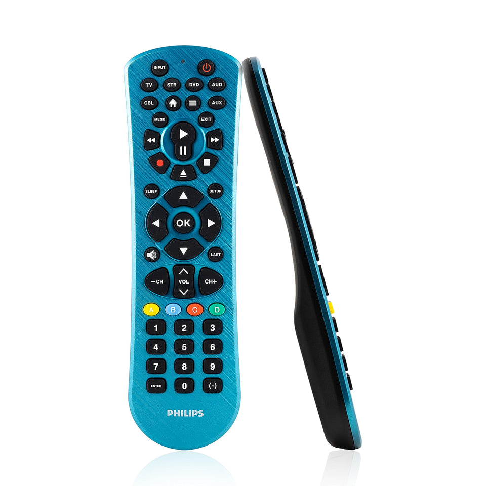 Philips 6-device universal remote in blue controls TV, Blu-ray, and more from one device.