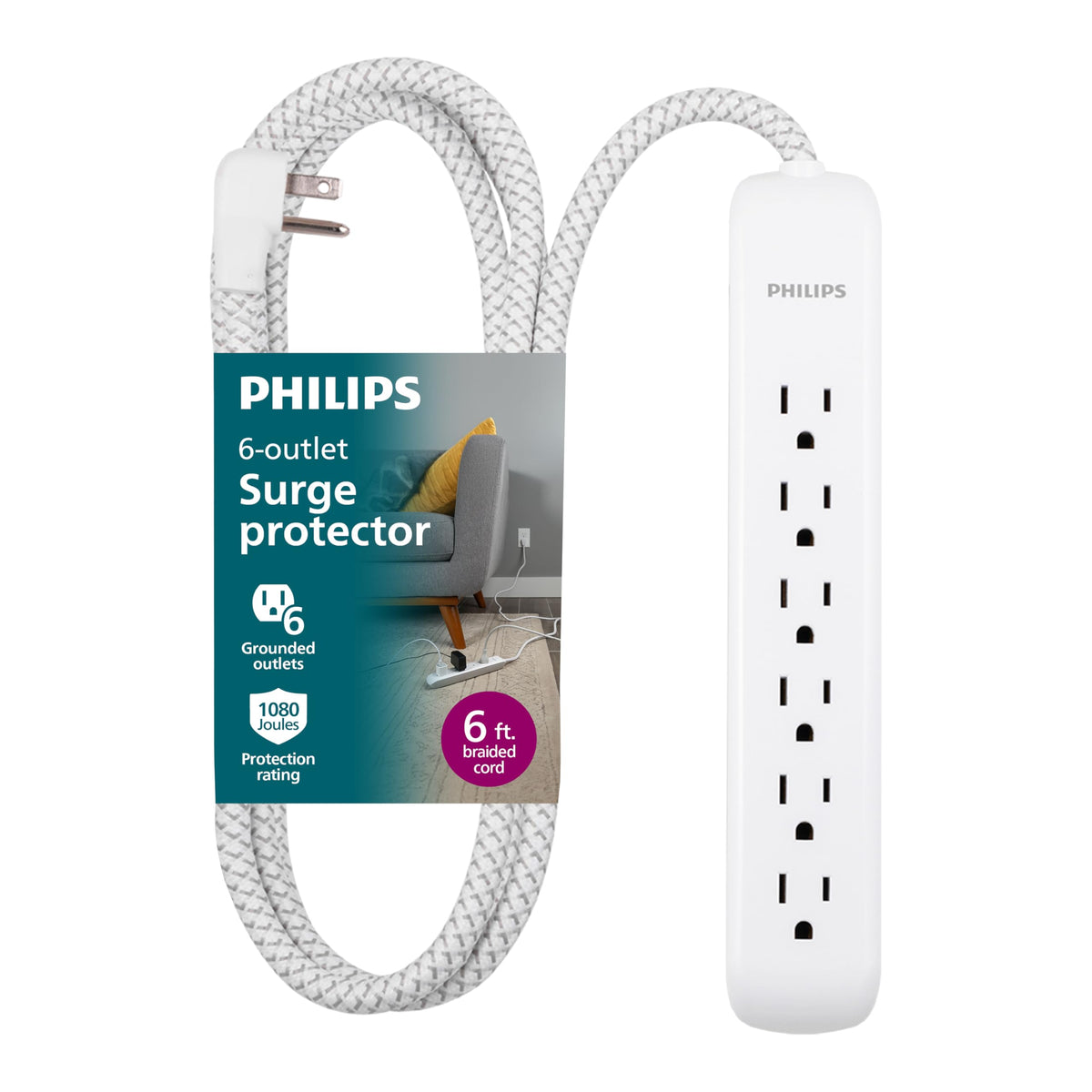 PHILIPS 6-outlet surge protector with braided cord and durable woven design.