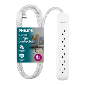 PHILIPS 6-outlet surge protector with braided cord and durable woven design.