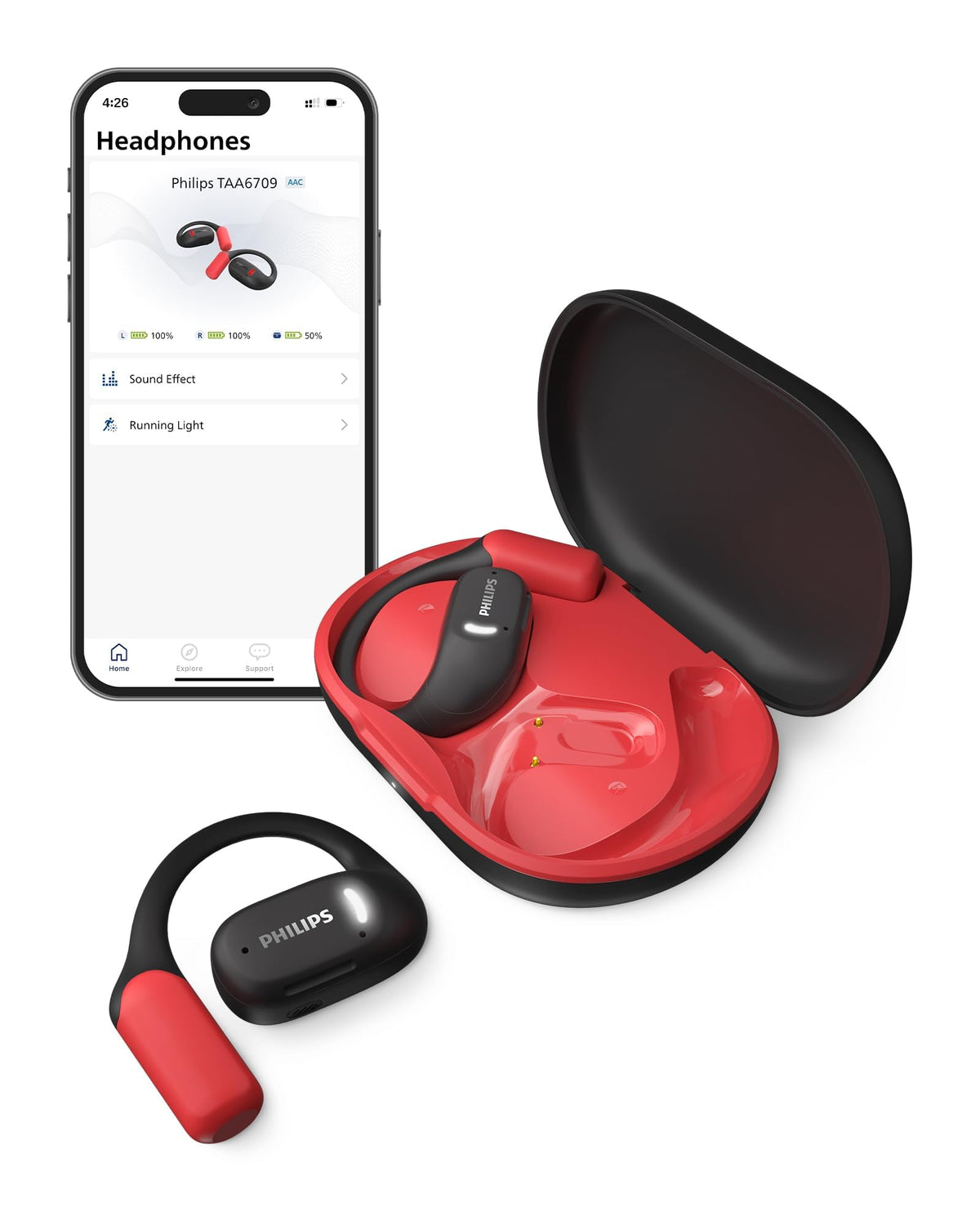 PHILIPS A6709 open-ear fit headphones resting around ear for comfortable listening