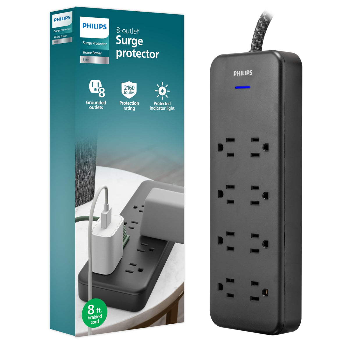 Philips Adapt 8-outlet surge protector with USB charging ports for convenient charging