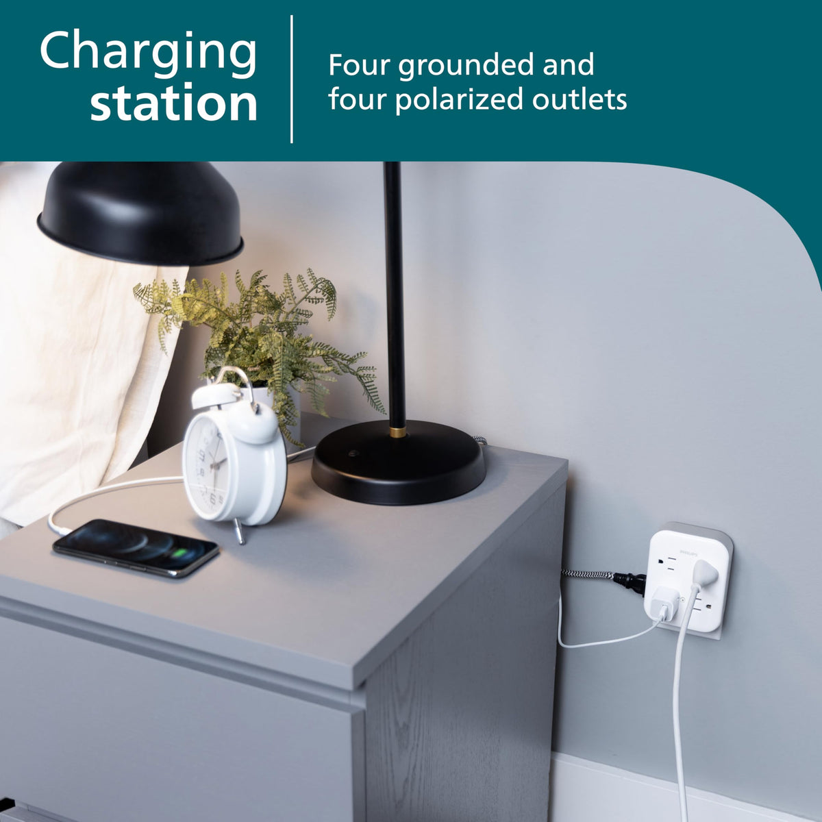 PHILIPS adapter-spaced outlets with bulky chargers fitting without blocking other sockets