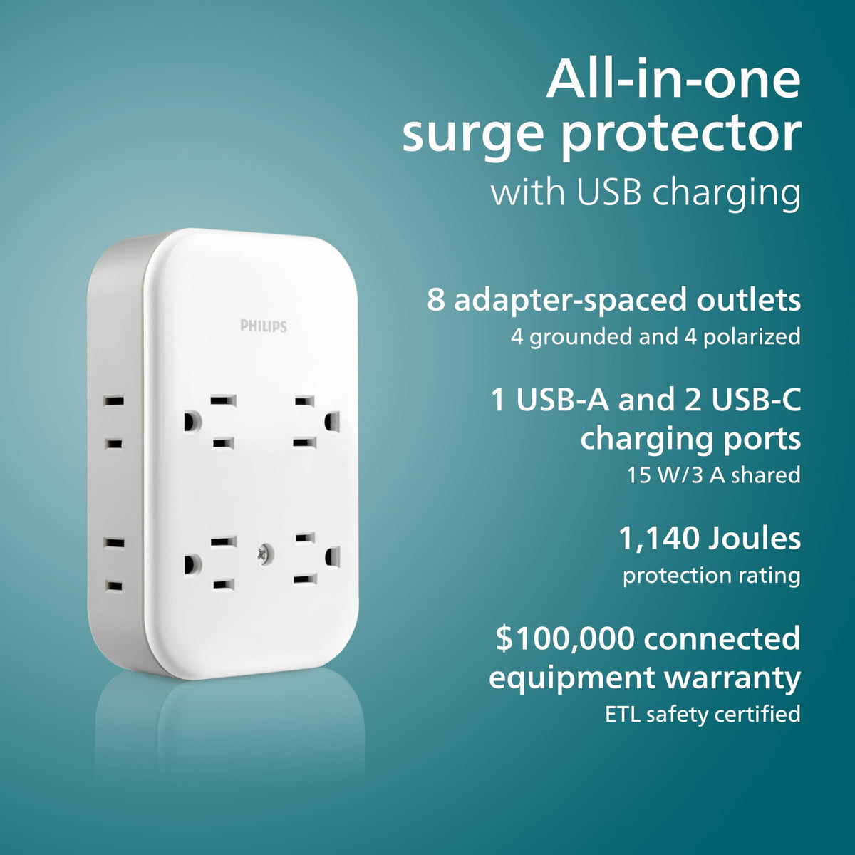 PHILIPS surge tap outlets arranged to fit bulky adapters without blocking others