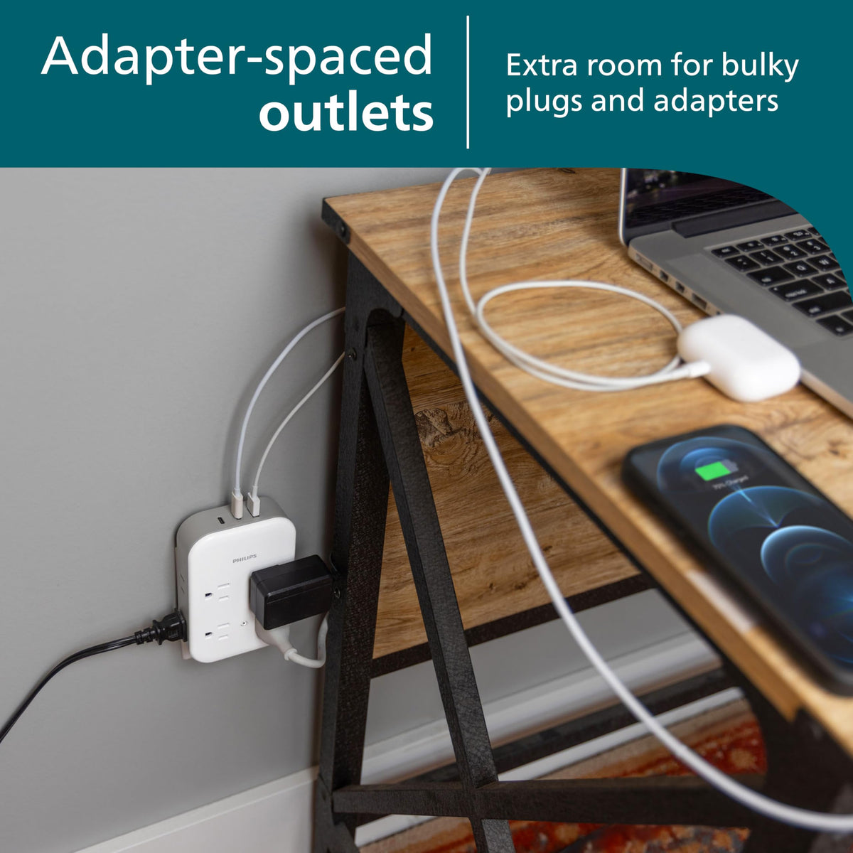 PHILIPS wall plug design blends white and gray for stylish home office use