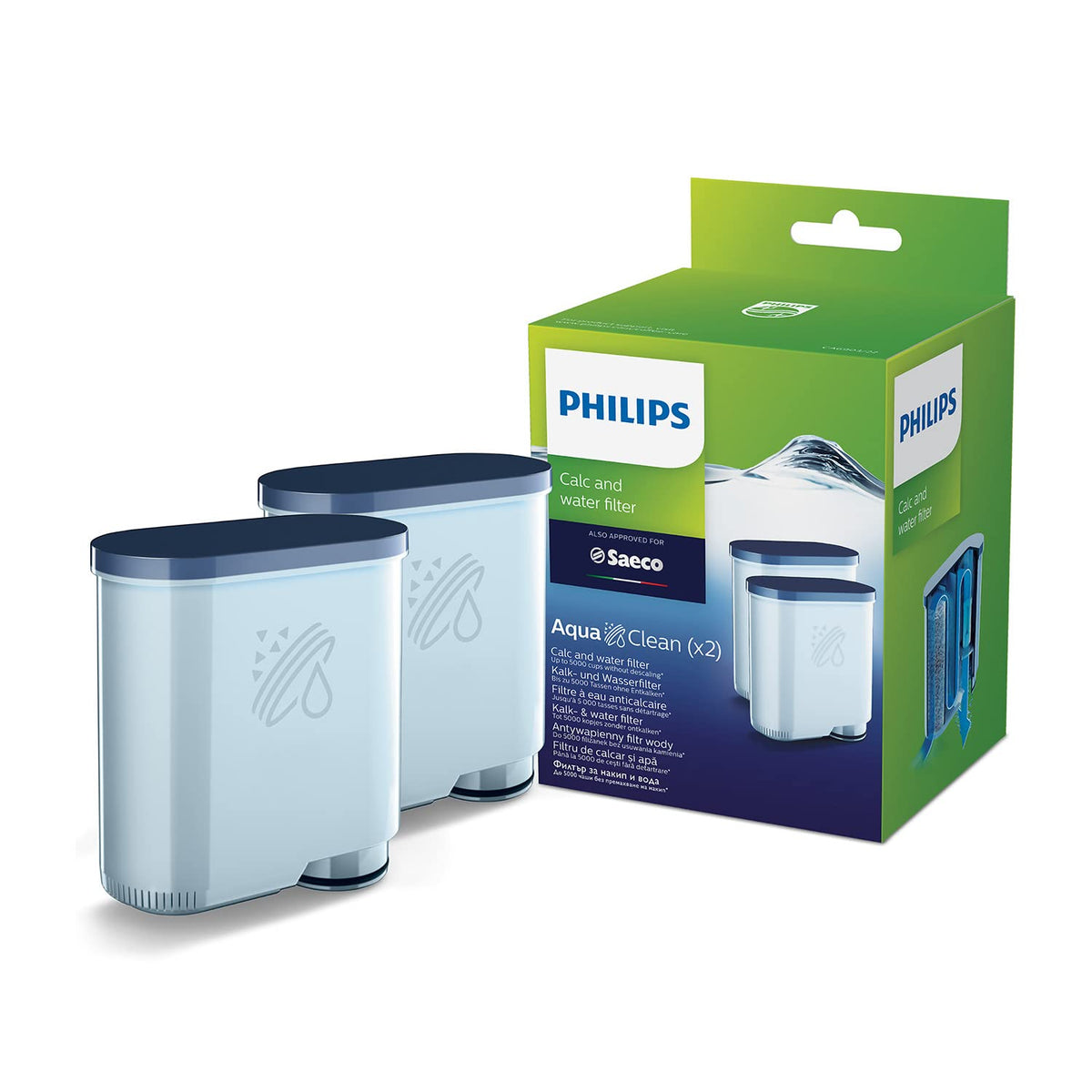 PHILIPS AquaClean front packaging showing two filters and benefits