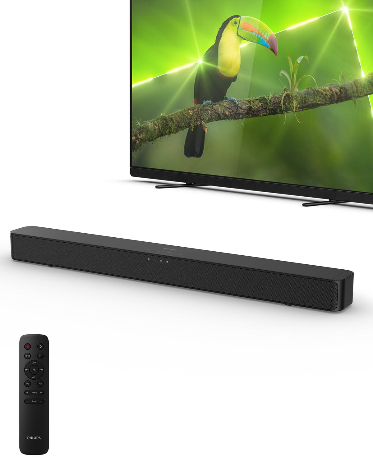 PHILIPS B4000 front view showing slim black bar and controls, improves TV audio