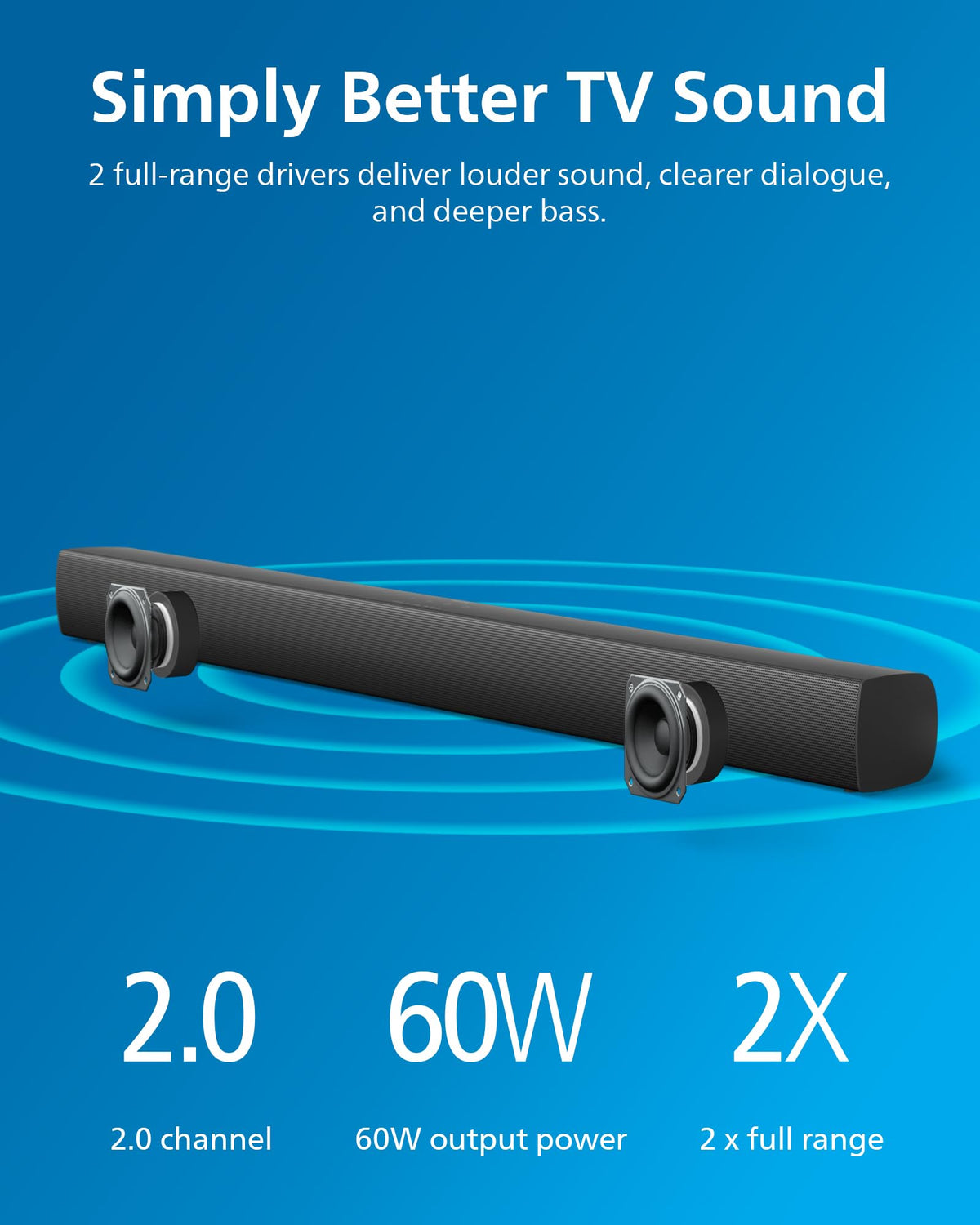 Philips B4208 soundbar angled low-profile design fits modern spaces.