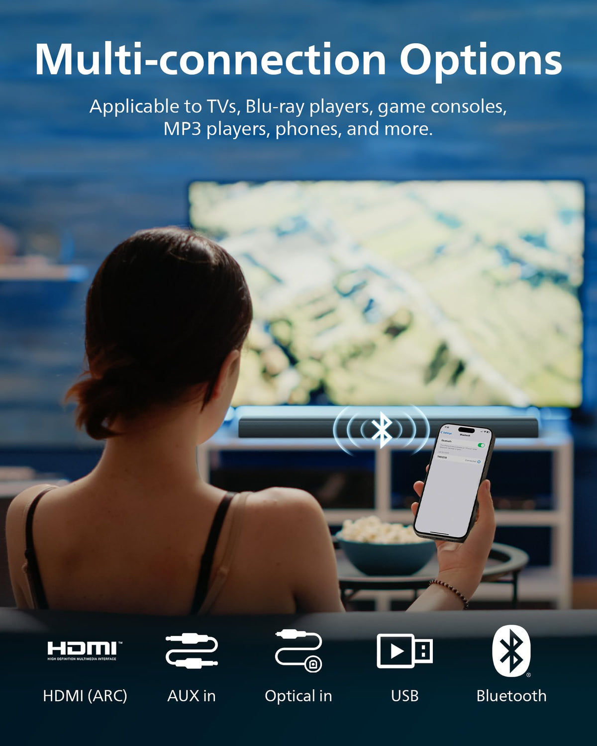 Philips B4208 soundbar Bluetooth connection enables wireless streaming.