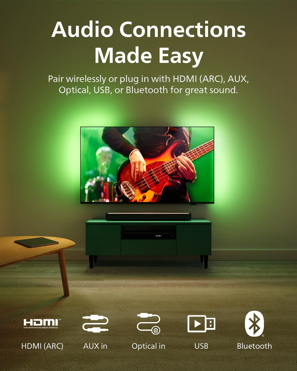 Philips B5109 HDMI ARC port close-up enabling one-remote TV and soundbar control