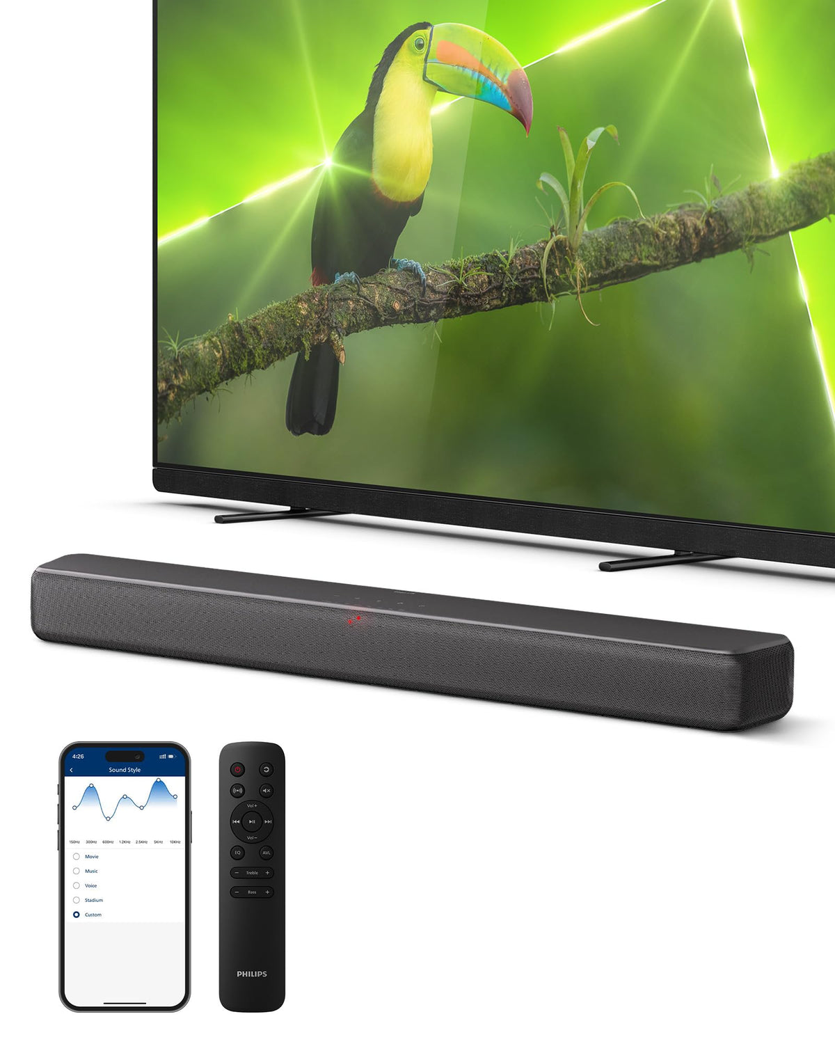 Philips B5109 soundbar front view delivering clear room-filling sound for movies and music