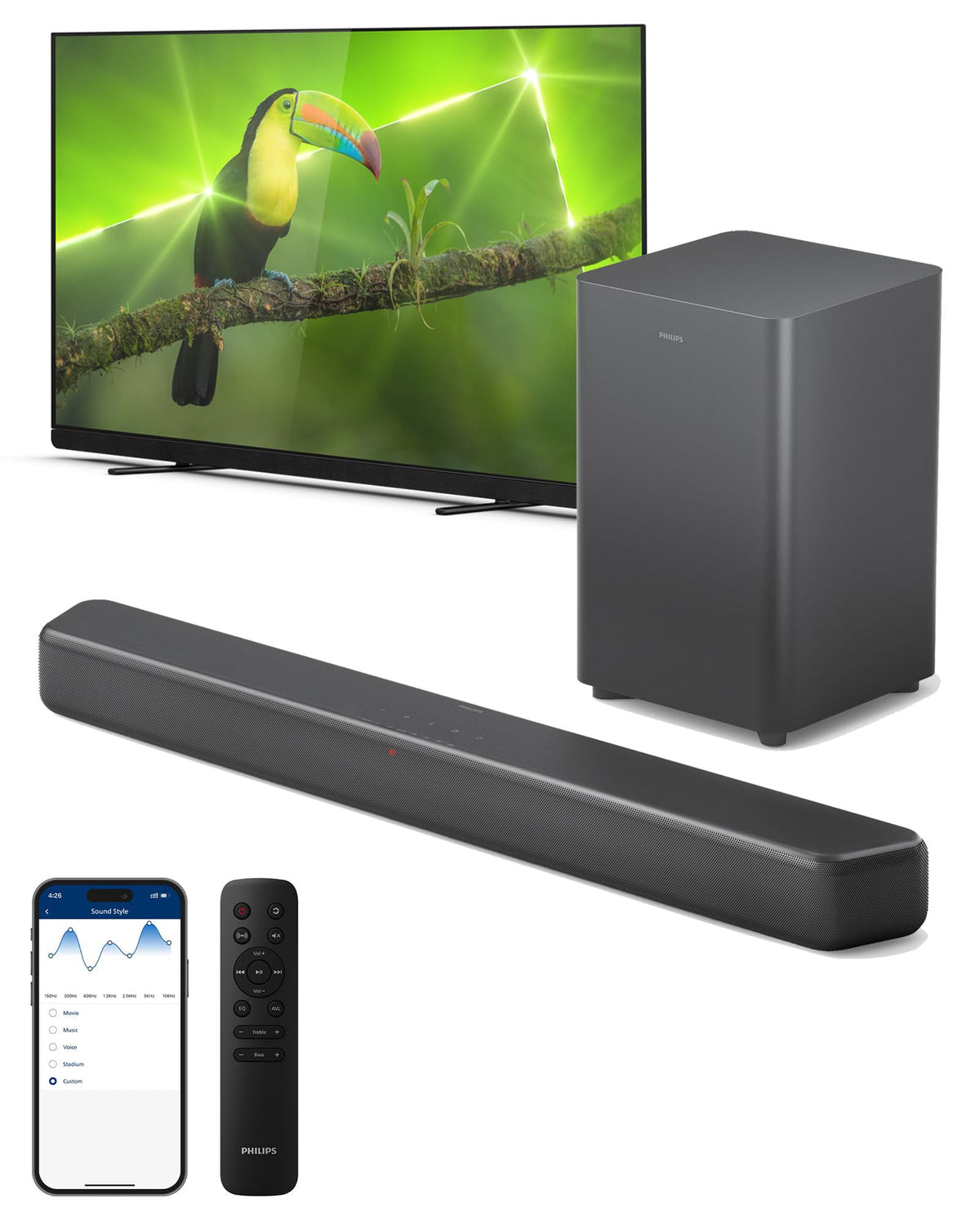 PHILIPS B5309 soundbar front view showing compact design for clear TV audio